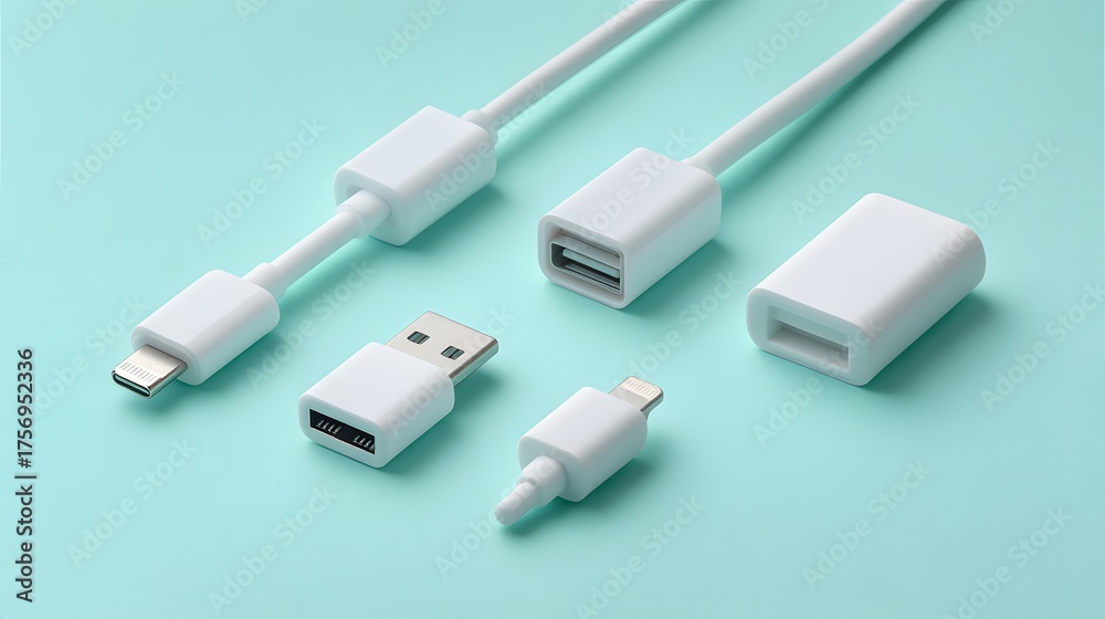 Fototapeta premium White USB adapters and cables arranged on a blue background.