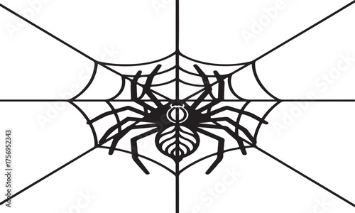 A detailed black and white illustration of a large spider with eight legs positioned on a symmetrical spider web isolated on white background.