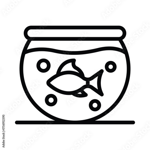 A simple linedrawn illustration of a fishbowl with a fish swimming inside complete with air bubbles. line icon editable stroke