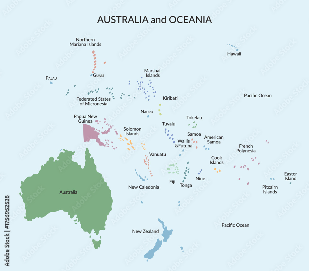 Fototapeta premium Map of Australia and Oceania in flat style isolated on white background. Vector cliparts.