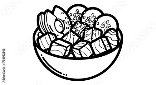 Black and white illustration of a poke bowl with various ingredients.
