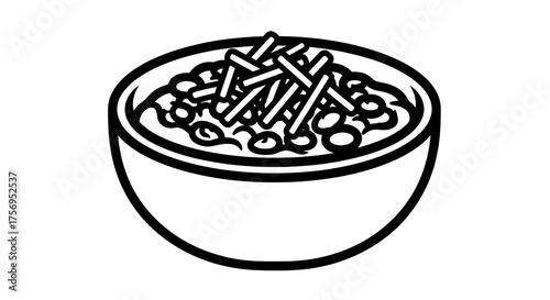 Bowl of delicious food with toppings a simple illustration.