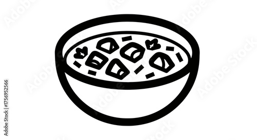 Bowl of soup with ingredients and garnishes black and white illustration.