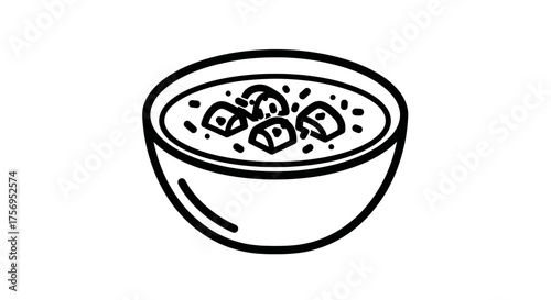 Bowl of soup with vegetables simple line art illustration food concept.