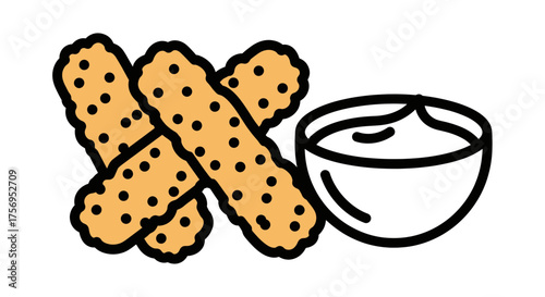 Crispy fried food sticks with dipping sauce in a bowl.