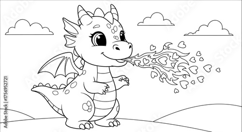 Cute dragon blowing heartshaped fire adorable cartoon character happy expression.