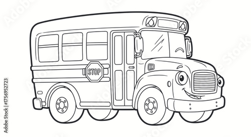Cute cartoon school bus illustration for coloring book transport vehicle.