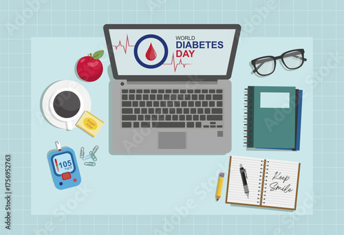 Creative world diabetes awareness vector illustration with workspace items and glucose meter. Best for World Diabetes Day 2025 theme design : Diabetes and Well-Being at Workplace. 