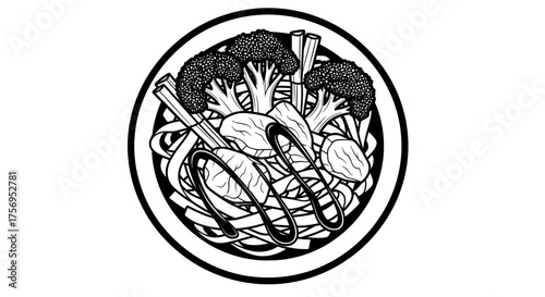 Delicious bowl of noodles with broccoli and other vegetables.