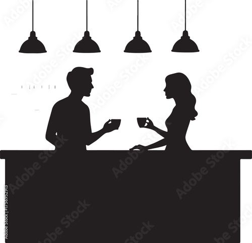 Couple drinking coffee at counter with pendant lights