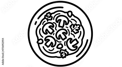 Delicious mushroom pizza with fresh herbs on a white plate simple illustration.