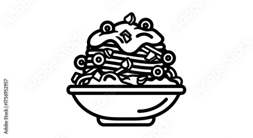 Delicious pasta dish with creative toppings in a bowl.