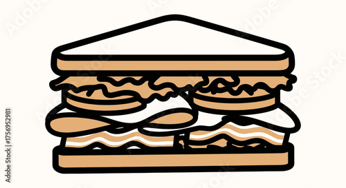 Delicious sandwich illustration with multiple layers of ingredients and bread.