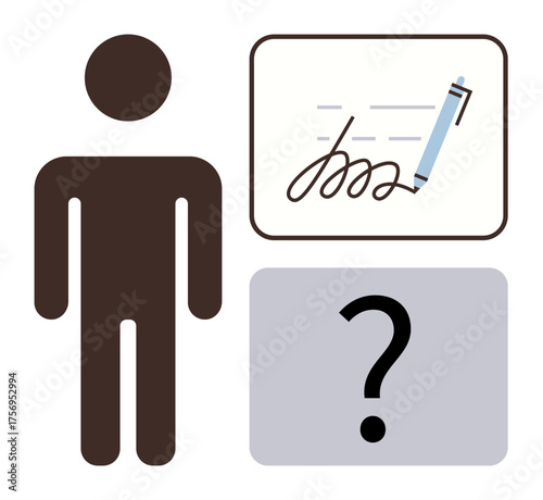 Minimalist design with human silhouette, pen, signature, and question mark. Ideal for decision-making, choices, contracts, uncertainty, legal agreements personal growth or responsibility concepts