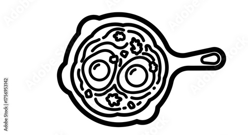 Fried eggs in a pan with decorative elements black and white illustration.