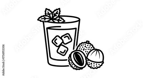 Refreshing lychee drink with ice cubes and mint leaves summer beverage.