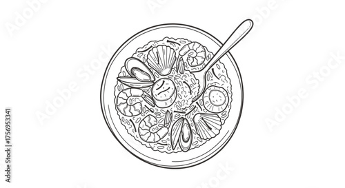 Seafood Paella Dish with Spoon Top View Black and White Illustration.