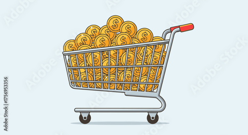 Shopping cart overflowing with golden dollar coins wealth concept.