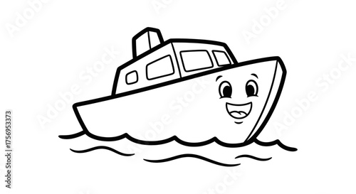 Smiling cartoon boat floating on the water with happy face.