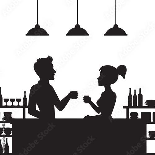 Couple silhouette toasting drinks at bar counter woman