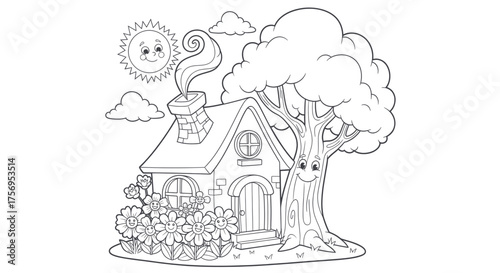 Whimsical house with smiling sun tree and flowers a coloring page.