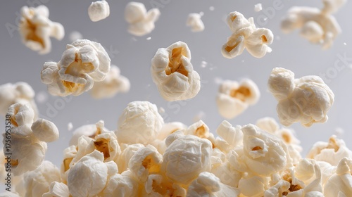 Puffy popcorn kernels explode and float against a light background.