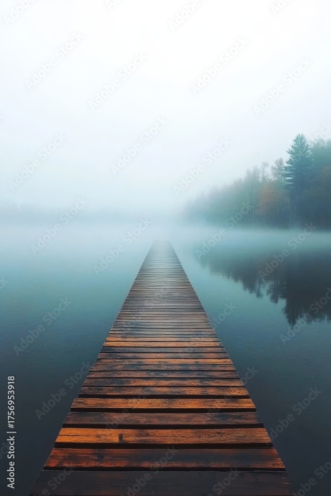 Fototapeta premium A long wooden pier extends into a misty blue lake, surrounded by soft swirling fog and trees.