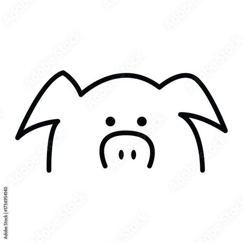 Black outline drawing of a pigs face with dotted eyes and nose pointed ears. line icon editable stroke