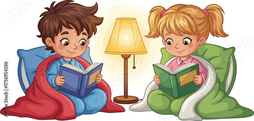 Children, reading, cozy, bedtime, blanket, lamp, pajamas, storytime, siblings, indoor, warm light, books, quiet, relaxing, home, comfort, night, learning, peaceful, together