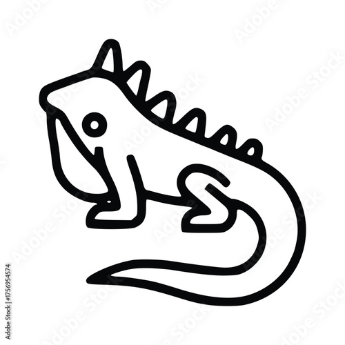Line drawing of an iguana with triangular dorsal spines curled tail and textured skin. line icon editable stroke