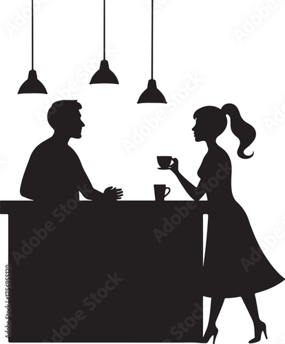 Silhouette couple at counter with coffee cups and pendant lights