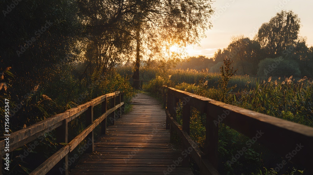Obraz premium Wooden walkway leads through reeds at sunrise, bathed in golden light.