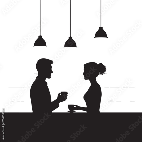 Silhouette couple drinking coffee at counter under pendant lights