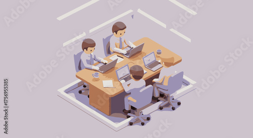 Four business professionals collaborate on laptops at a sleek conference table in a minimalist office, symbolizing teamwork, productivity, and modern corporate strategy.