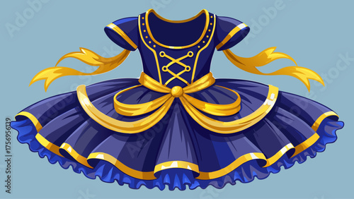 Very beautiful navy blue velvet bodice with golden ribbon accents, paired with a layered tulle skirt, creating a festive, chic, and playful outfit ideal for children’s illustration or vector design.
