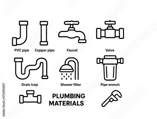Vector Plumbing materials: pipe types, faucet, valve, shower filter, pipe wrench icons