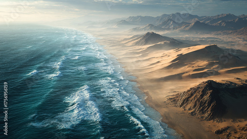 Surreal Split Landscape With Ocean Waves And Desert Sand Dunes Meeting Under Dramatic Cloudy Moody Sky