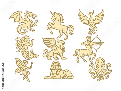 Vector Mythical creatures collection: dragon, unicorn, phoenix, mermaid, griffin, centaur, sphinx, fairy, octopus
