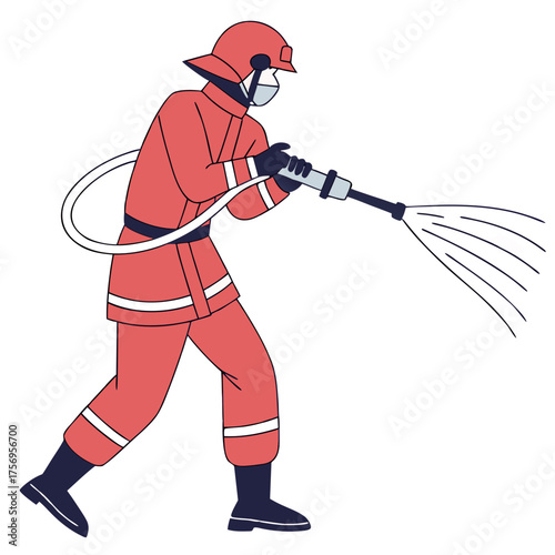 Brave firefighter in protective gear bravely battling flames with a powerful water stream, showcasing courage and duty.