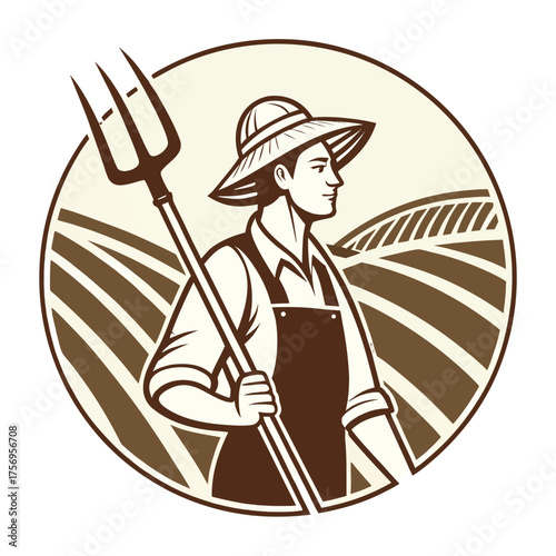 Confident farmer in straw hat holding pitchfork surveys fertile fields, embodying agricultural heritage and harvest bounty
