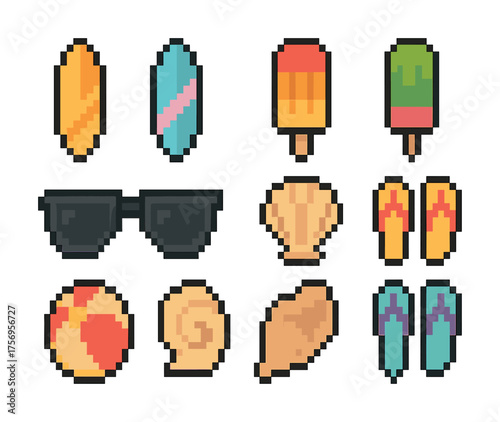 Vector Pixel art summer icons: surfboards, popsicles, sunglasses, shells, flip-flops