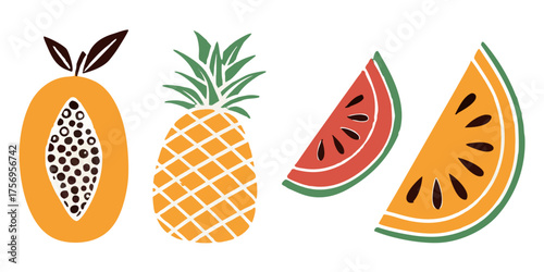 Vibrant tropical fruits including papaya pineapple watermelon slices bursting with summer freshness and natural sweetness