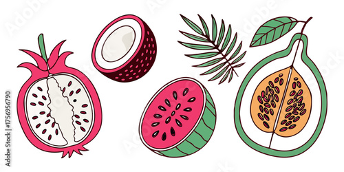 Vibrant tropical fruits like dragon fruit, coconut, watermelon, and passionfruit with tropical leaves, perfect for healthy lifestyle promotions and summer designs.