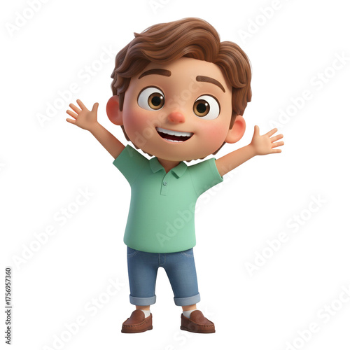 Joyful 3D cartoon boy enthusiastically greeting with open arms, radiating happiness and welcoming vibes for educational content and children's products, PNG transparency
