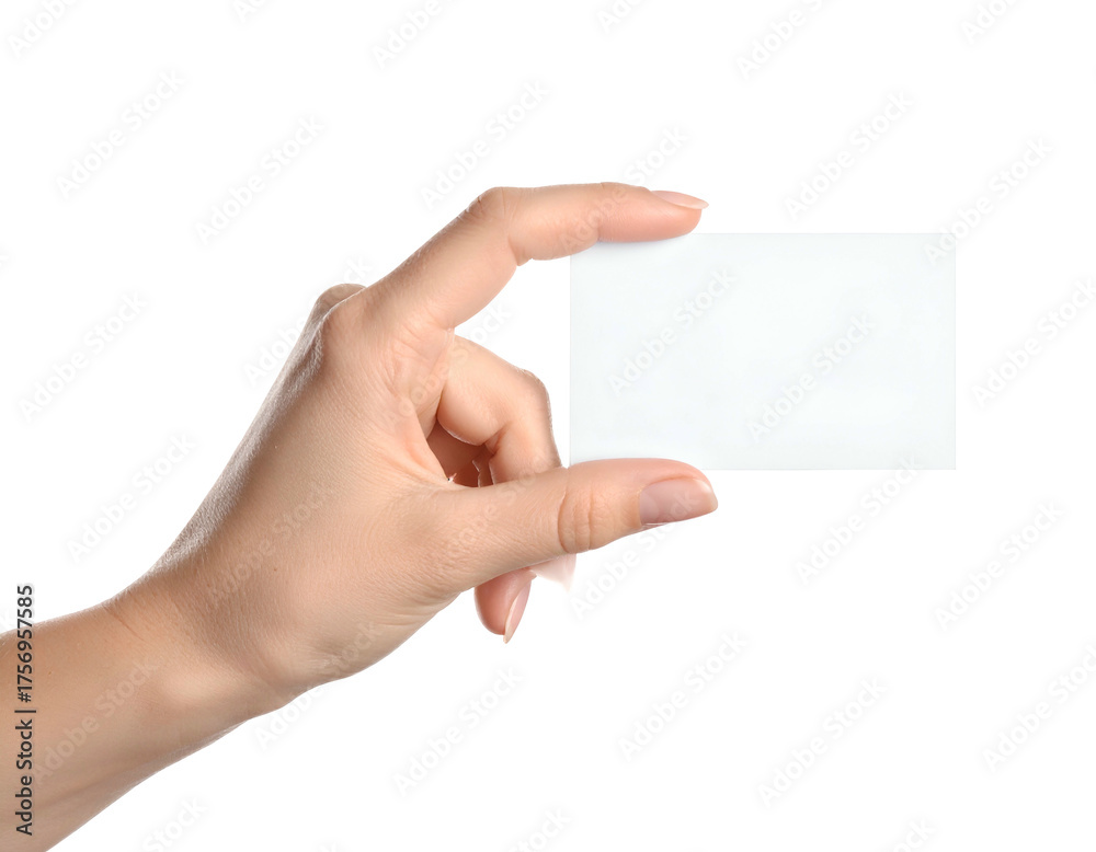 Obraz premium Hand delicately holding a blank white rectangular card against a solid black background
