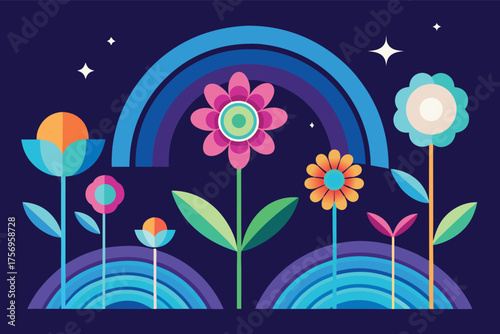 Whimsical abstract garden scene with stylized blooming flowers and colorful rainbow arches against a dark starry night sky creating a magical and enchanting atmosphere