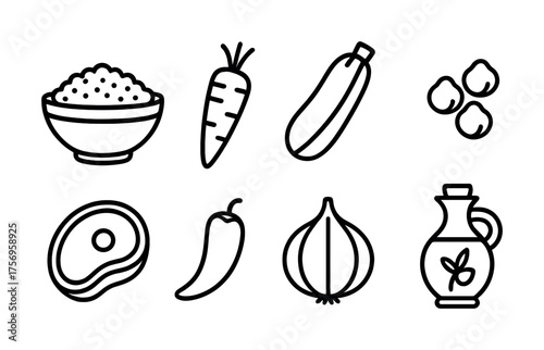 Vector Icon set of ingredients: rice, carrot, zucchini, chickpeas, meat, pepper, onion, oil