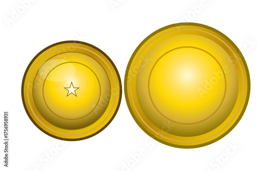 Two circular 3D icons with a glossy appearance on a white background. Both icons are yellow with a gradient effect