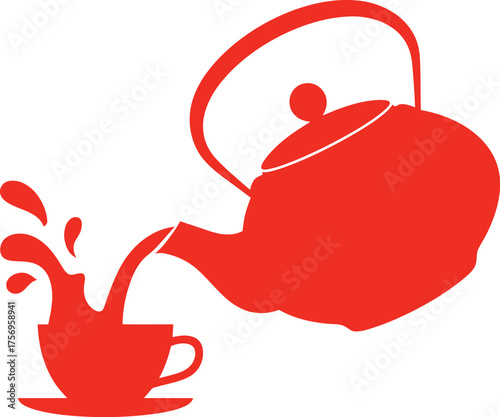 Morning ritual: a red vector of a teapot pouring a hot, splashing liquid into a teacup and saucer.