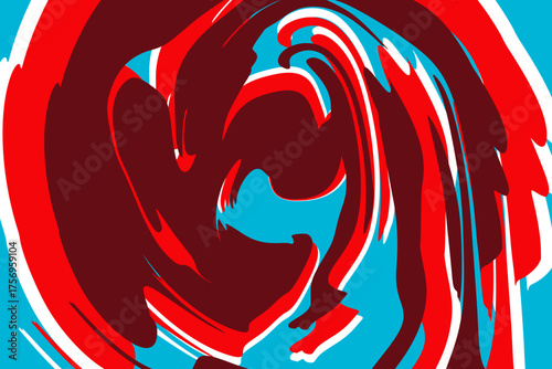 Abstract artwork featuring bold red and maroon swirling brushstrokes against a bright blue background